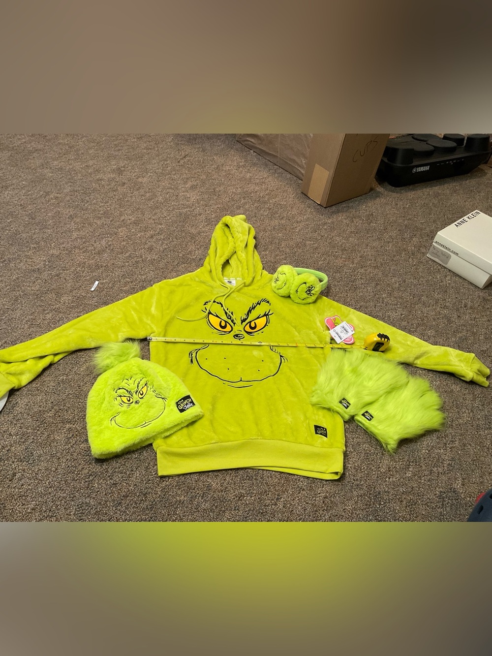 JUSTICE lime green GRIINCH sweater gloves hat ear muffs NWT DR SEUSS